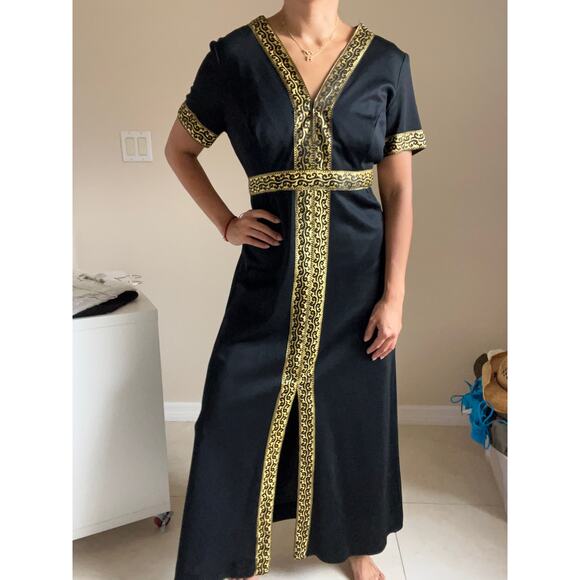 Vintage Mary-Martin Florida Black Gold Trim Short Sleeve Maxi Dress Size Small - Picture 9 of 11